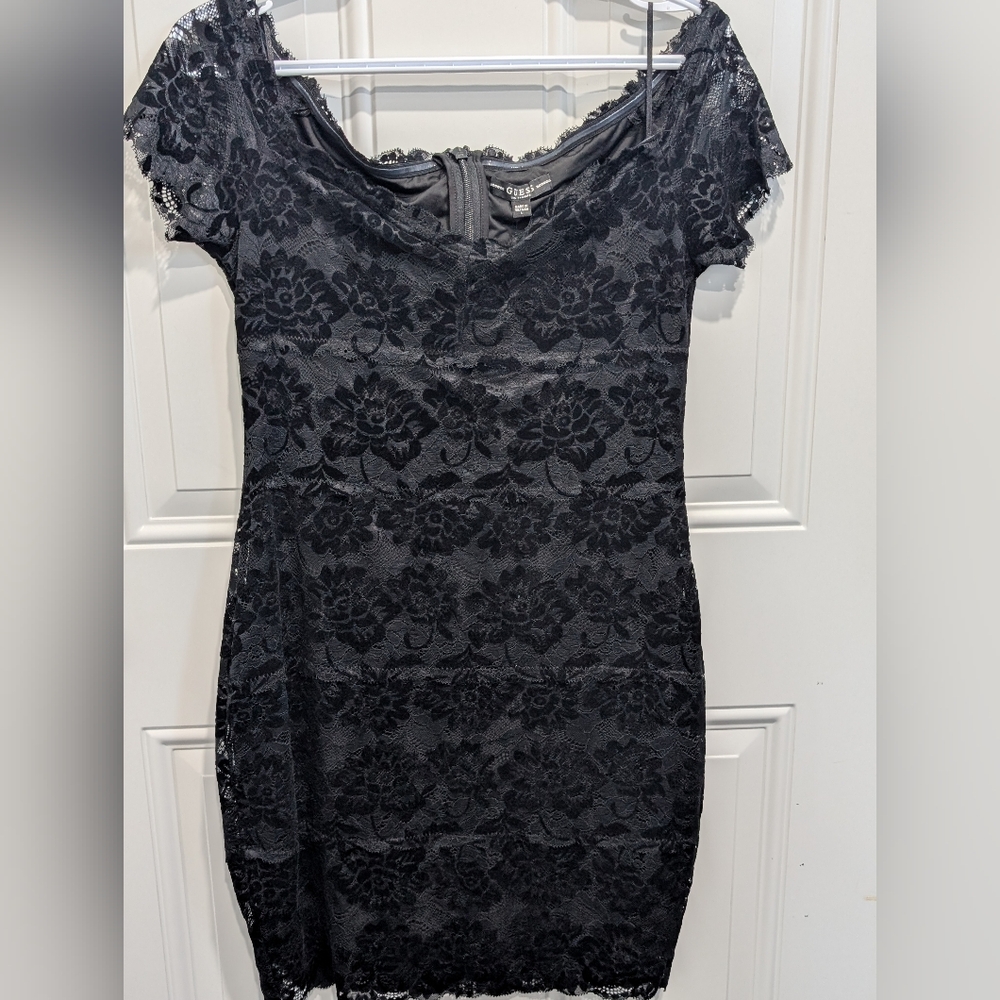 3/$50 Guess Off Shoulder Drea Black Lace Mini Dress Large NWT